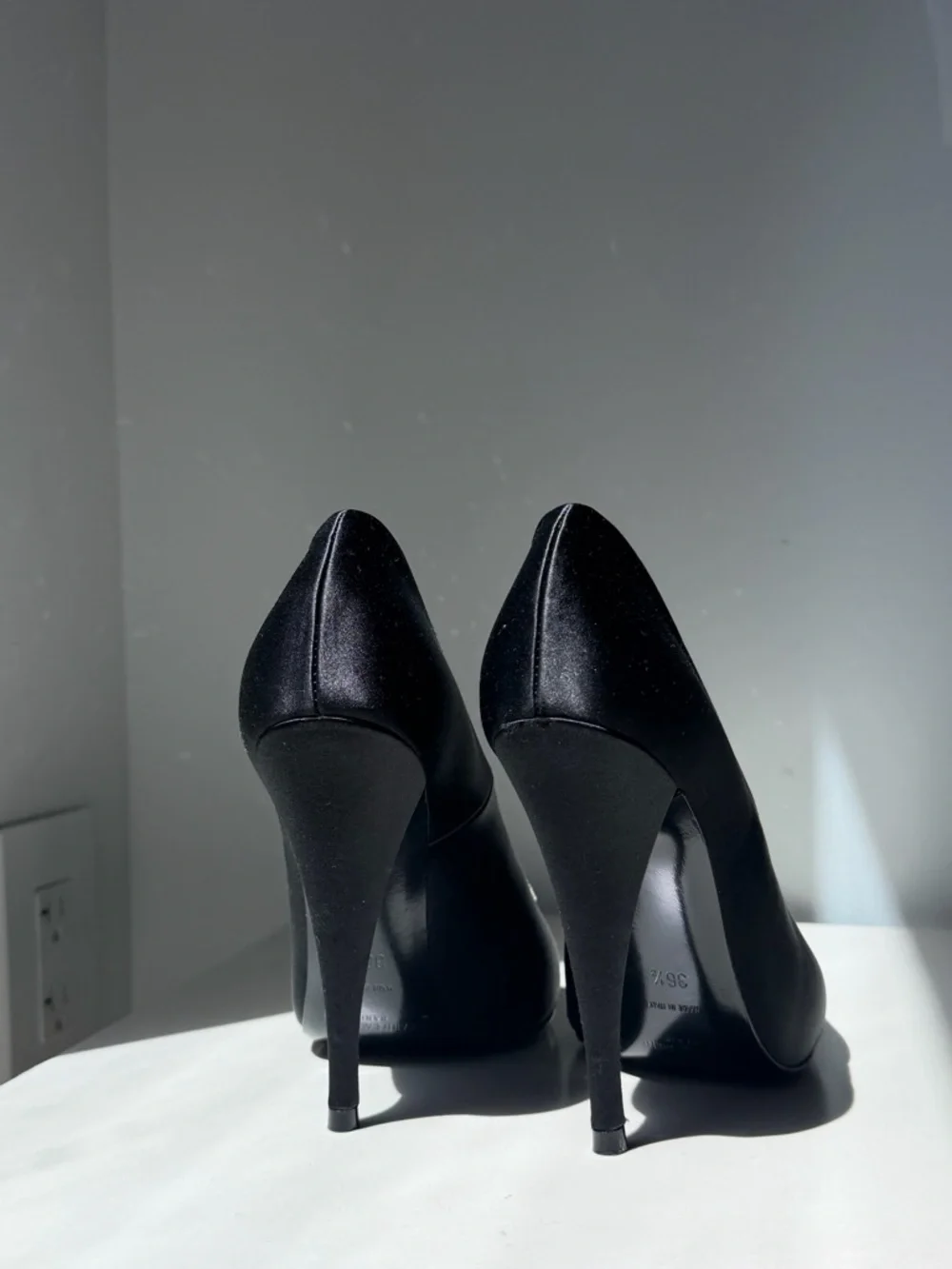 Saint Laurent Black Satin Peep-Toe Pumps with Crystal Buckle Accent - Picture 3 of 10